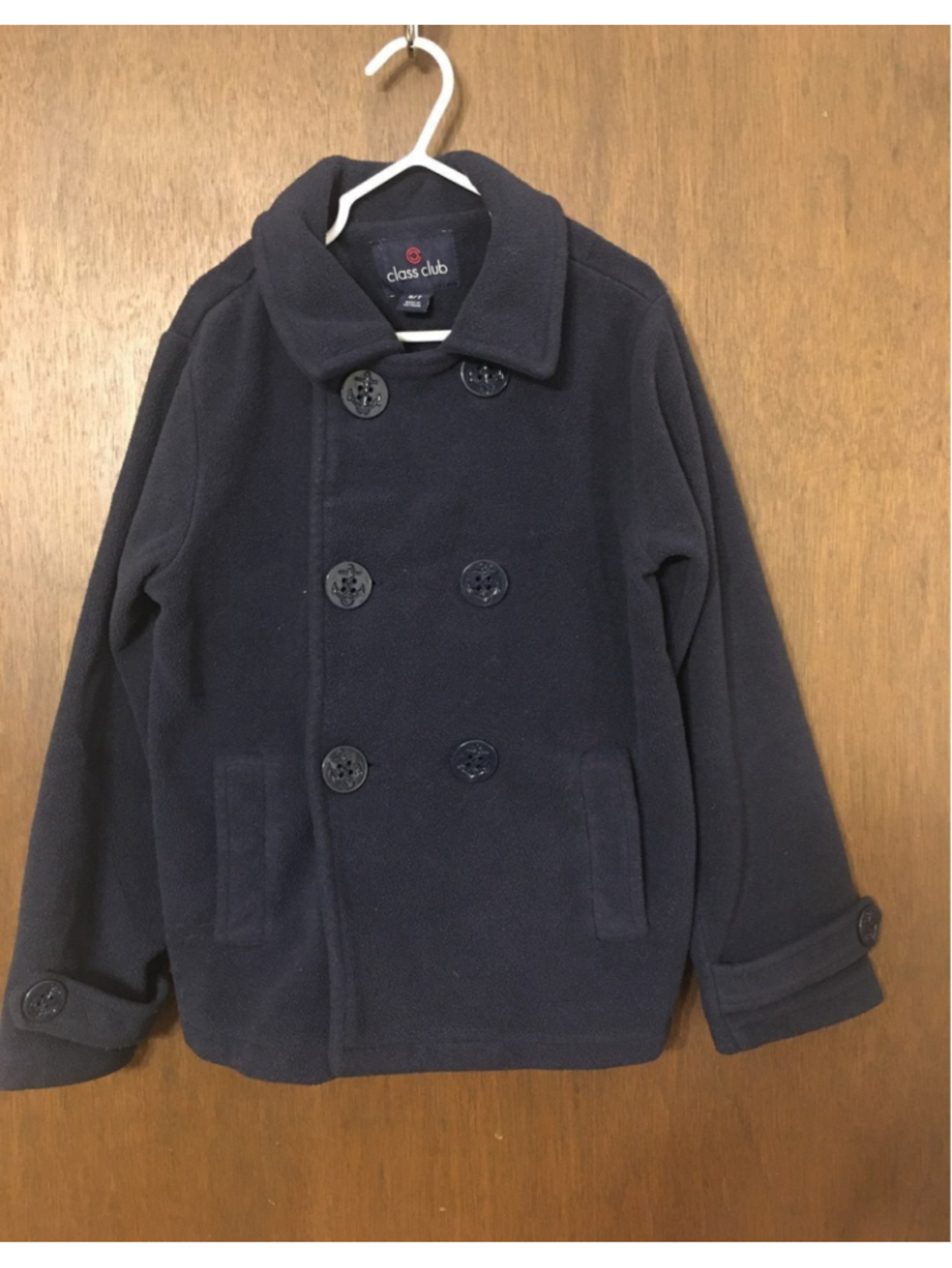 Class Club Boys Navy Blue Fleece Peacoat Jacket Size 5/6 Double Breasted Anchor
